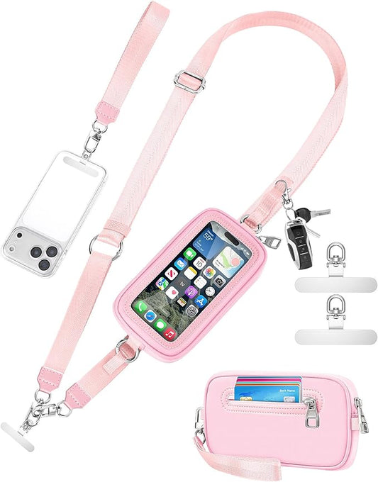 SHANSHUI Clip and Go Phone Lanyard Wallet, Hands-Free Crossbody Strap with Zipper Pocket & ID Window, Includes 2 Metal Tether Pads for Phones, Keys, Earphones, Accessories, Pink