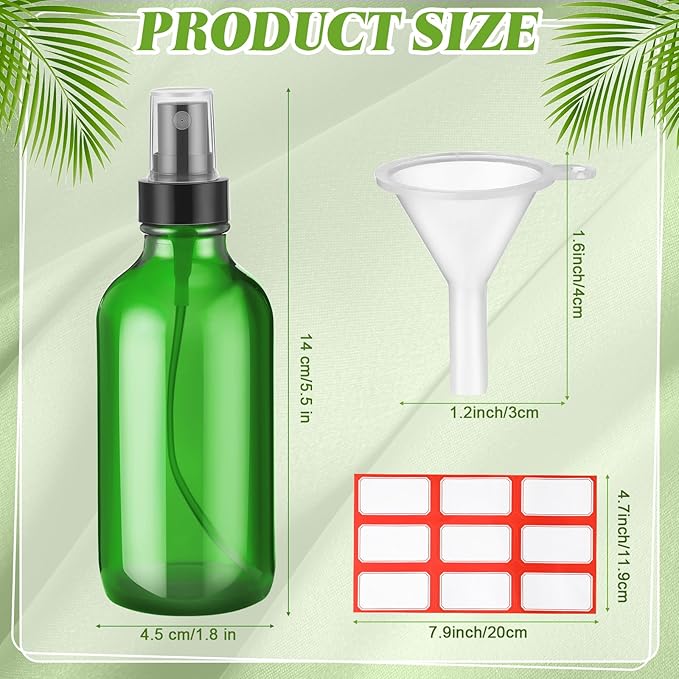 Fumete 2 Pack Glass Bottles 4oz Empty Refillable Liquid Containers with 1 Label 1 Funnel for Essential Oils Hair Travel Plants Cleaning Skin Care(Green, Black Top,Mist Bottle)