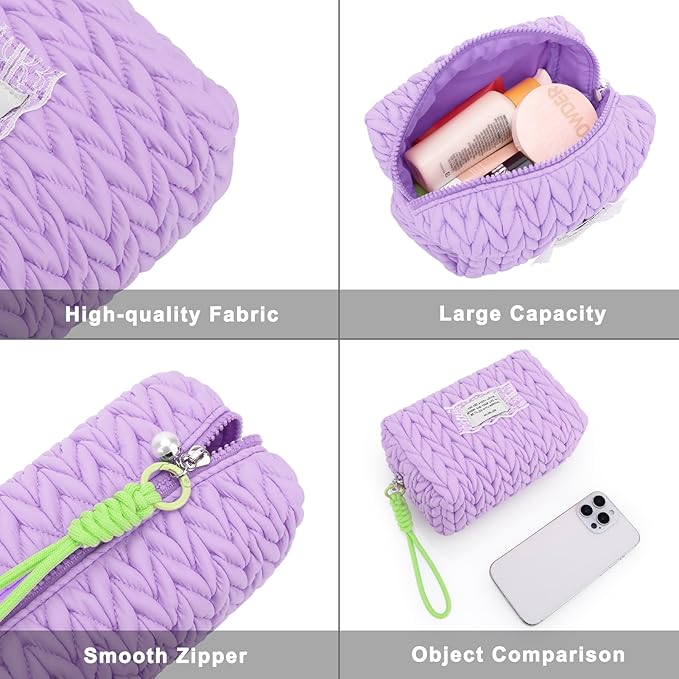 DOB SECHS Small Puffer Makeup Bag Quilted Cosmetic Bag with Handle, Cute Makeup Pouch for Purse, Cotton Woven Puffy Toiletry Bag for Women Mini Quilt Travel Essentials Organized Zipper Pouches, Purple