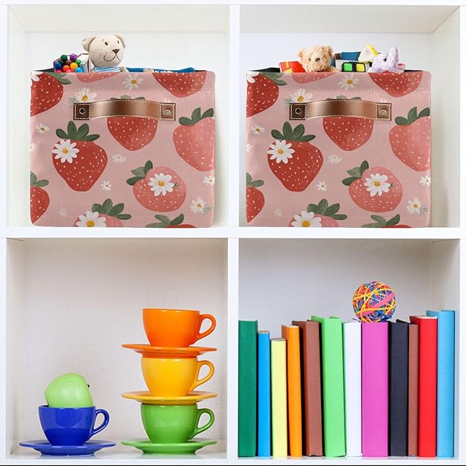 Aslsiy Storage Basket Fresh Strawberry Pink Nursery Bins Baby Toys Box Canvas Clothes Shelf Basket Laundry Hamper Gift Basket for Home Closet 2 Pcs