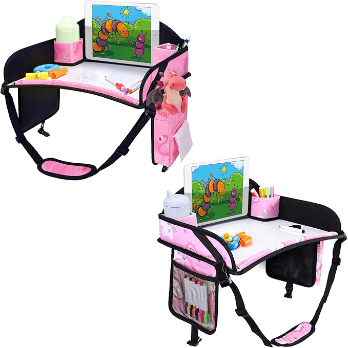 2PCS Kids Travel Tray, Car Seat Tray for kids Travel, Toddler Road Trip Essentials With Drawing Kit, Toddler Lap Desk Organizer for Car, Carseat Table for Airplane