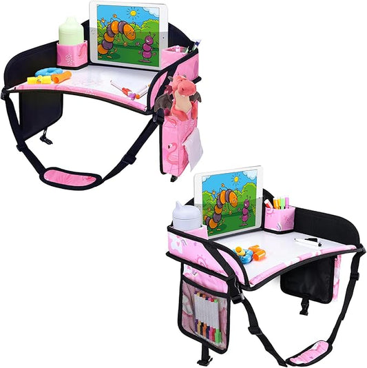 2PCS Kids Travel Tray, Car Seat Tray for kids Travel, Toddler Road Trip Essentials With Drawing Kit, Toddler Lap Desk Organizer for Car, Carseat Table for Airplane