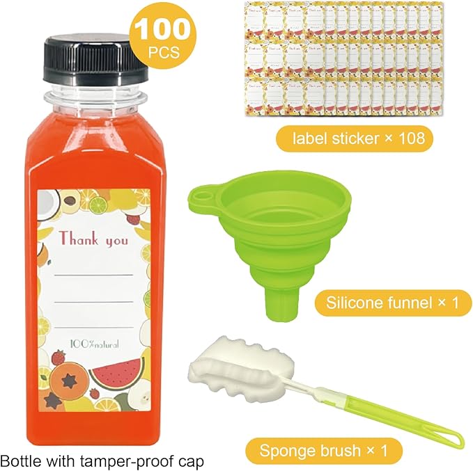 100 Pack 12oz Clear Reusable Plastic Juice Bottles with Caps, Food Grade BPA-Free Leak Proof Juicing Containers with 108 Labels & brush& Silicone Funnels for Homemade Juice, Smoothies & Travel