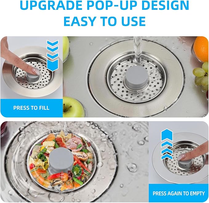 Sink Drain Strainer - Kitchen Sink Stopper, 3 In 1 Kitchen Sink Drain Strainer with Anti-Clogging Basket, Fit US Standard 3-1/2'' Sink Hole