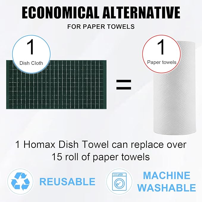 Homaxy 100% Cotton Terry Kitchen Towels(Blackish Green, 13 x 28 inches), Checkered Designed, Soft and Super Absorbent Dish Towels, 6 Pack