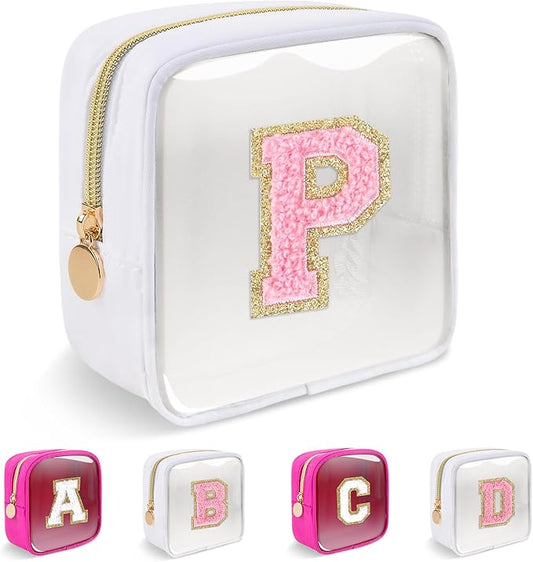 Personalized Initial Letter Clear Preppy Makeup Bag,Mini Nylon Chenille Letter Cosmetic Bag Cute Zipper Pouch Purse for Teen Girls,Portable TSA Approved Beach Travel Essentials Bag Gift for Women,P