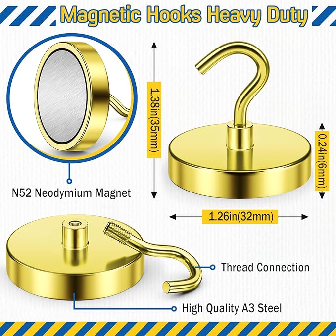 FINDMAG Strong Magnet Hooks for Cruise Cabin, 110lbs Magnetic Hooks for Classroom, Magnetic Key Holder for Fridge, Whiteboard Magnets, Household Essentials, Small Apartment Essentials, 6 Pack, Gold