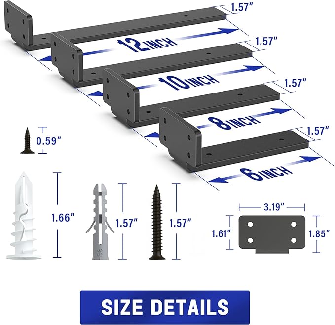 Goovilla Shelf Bracket, Heavy Duty Floating Shelf Brackets 12 inch Long, 12 Pack Brackets for Shelves, Black Coated Metal Wall Shelf Support Brackets with 1/5 Inch Thick and 160 lb. Load Capacity