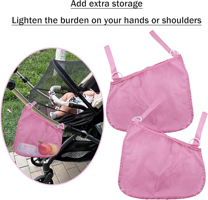 2PCS Universal Side Sling Stroller Cargo Net,Portable Storage Mesh Bag,Stroller Storage Organizer Bag,Non-Slip and Adjustable Straps Side Sling Mesh Organizer(Pink)