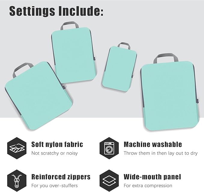 4 Set Compression Packing Cubes Travel - Travel Accessories Expandable Packing Organizers for Carry On - Essentials Luggage Bags - Light Teal