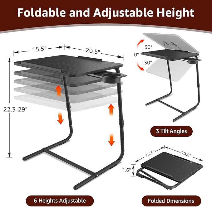 TV Trays Set of 4 - Folding TV Tray Adjustable Dinner Trays for Eating On Couch Wooden Tables Mate Stand Foldable Black Desk with Cup Holder Portable