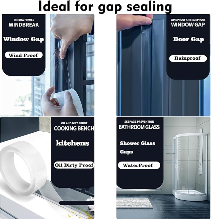Window Weather Sealing Tape 3 Inch x 33 FT x 0.3 Mils Weather Stripping Residue-Free Clear Window Insulation Tape for Doors Windows and Shower Glass Gaps