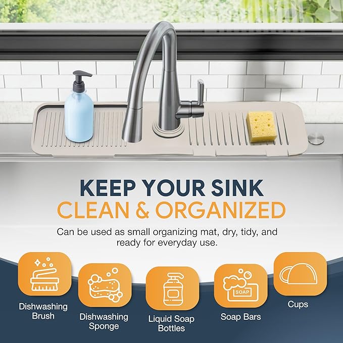 24” Silicone Faucet Mat For Kitchen Sink, Kitchen Sink Splash Guard Behind Faucet, Kitchen Faucet Mat For Kitchen Sink, Kitchen Sink Faucet Mat Splash Guard and Sink Water Splash Guard (Beige)