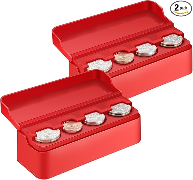 SINGARO Coin Holder for Car, Coin Change Organizer Compatible with Coins of Different Sizes, Dash-Mounted Holder Suitable for Most Cars, Trucks(2PCS Red)