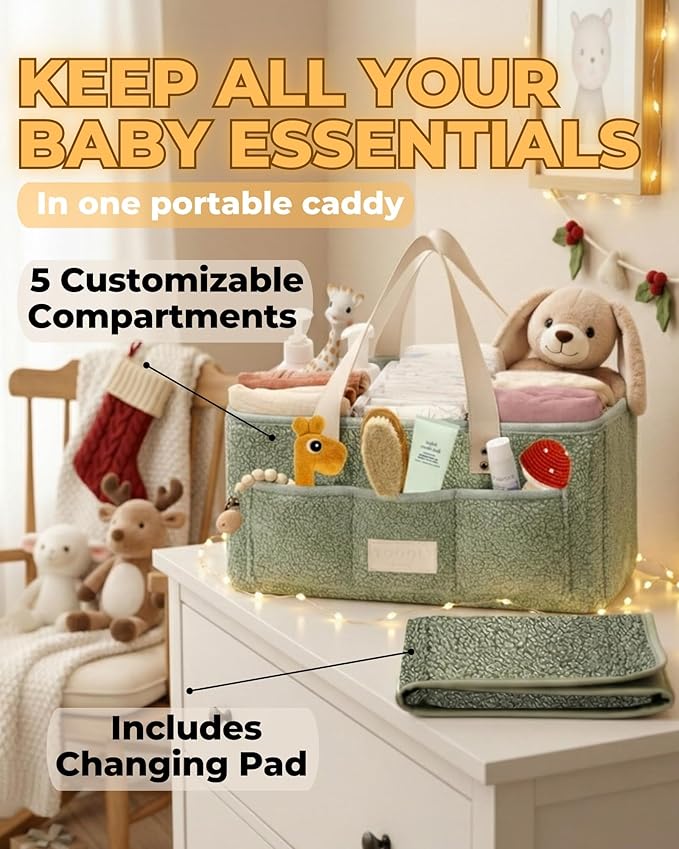 Baby Diaper Caddy Organizer with Portable Changing Mat - Teddy Fleece Diaper Organizer for Changing Table - Basket for Changing Essentials - Baby Essentials Organizer with Removable Dividers