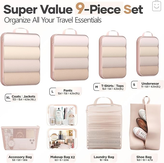 Veken 9/11 Set Compression Packing Cubes for Travel Essentials,Compressible Expandable Large Luggage Suitcase Organizer Bags for Clothing,Durable Space Saver Storage Bags with Toiletry Bags(Beige)