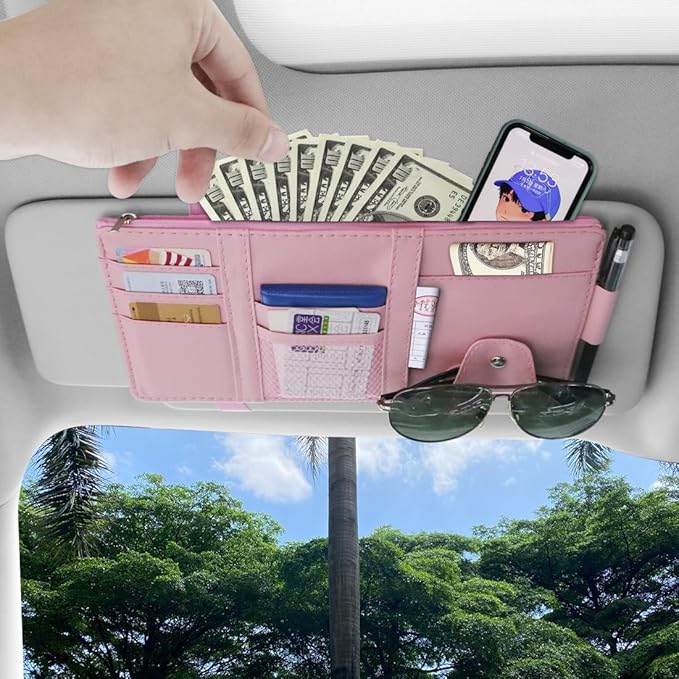 Car Sun Visor Organizer, Registration and Document Holder, Personal Belonging Storage Pouch Auto Interior Accessories Pocket Organizer (Pink)