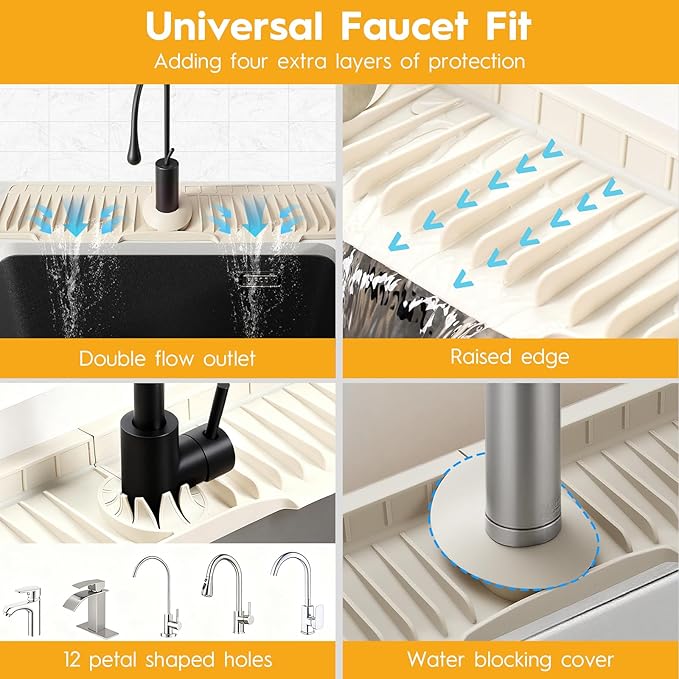 24" Silicone Faucet Mat for Kitchen Sink, Released in December 2025, 8° Slope for Fast Self-draining - Kitchen Sink Splash Guard, Bathroom Kitchen Sink Area Water Splash Guard Behind Faucet Draining Mat Beige