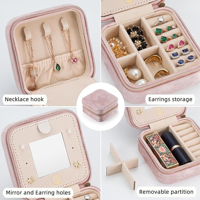 Plush Velvet Travel Jewelry Case Organizer, Small Travel Jewelry Box,Portable Jewelry Box Travel Mini Organizer Portable Display Storage Box For Rings Earrings Necklaces (Pink)