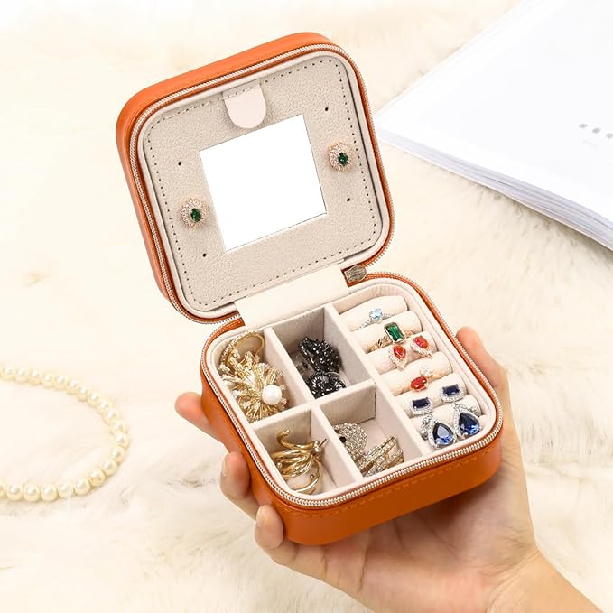 Jewelry Case with Mirror, Small Travel Jewelry Organizer, Portable Mini Storage Box for Rings, Earrings, Necklaces, Gift for Mom, Girl, Daughter, Bridesmaids, Mother's Day Gift (Orange-4packs)