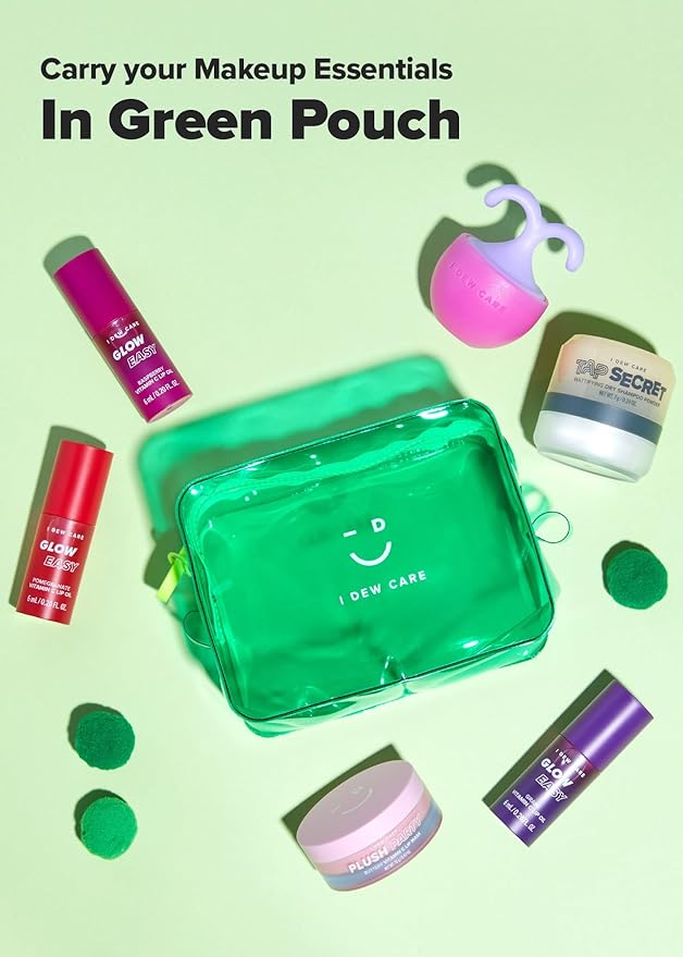 I DEW CARE Makeup Bag - Green Pouch | Cosmetic Standing PVC Clear Case, Water-resistant, Durable, Vacation Travel Friendly, Portable Cosmetic carry for Women & Men, Organizer