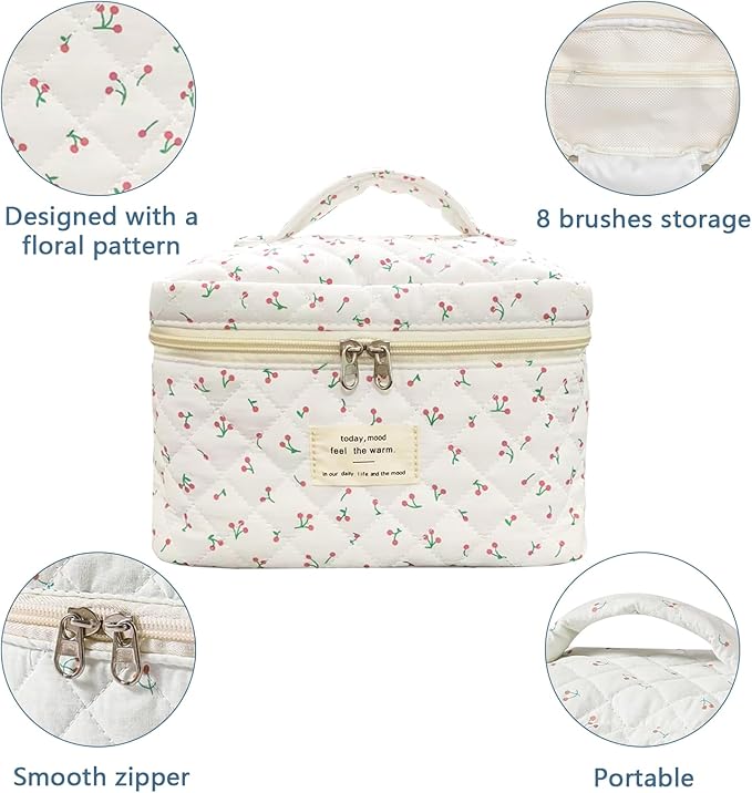 Large Travel Quilted Makeup Bag for Women,Big Floral Cotton Cosmetic Bag, Cute Coquette Aesthetic Floral Toiletry Organizer Bag (White Cherry)