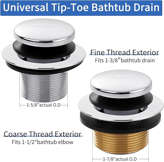 Chrome Bathtub Drain Tip-Toe Tub Trim Set with Two-Hole Overflow Faceplate Bathroom Tub Drains Replacement Conversion Tub Drain Kit Assembly with Universal Fine & Coarse Thread