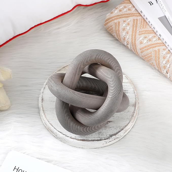 3 Link Wood Knot Decor - Hand Carved Coffee Table Decoration, Boho Chain Link Decor, Modern Shelf, Rustic Objects for Home Living Room Bedroom(Gray)