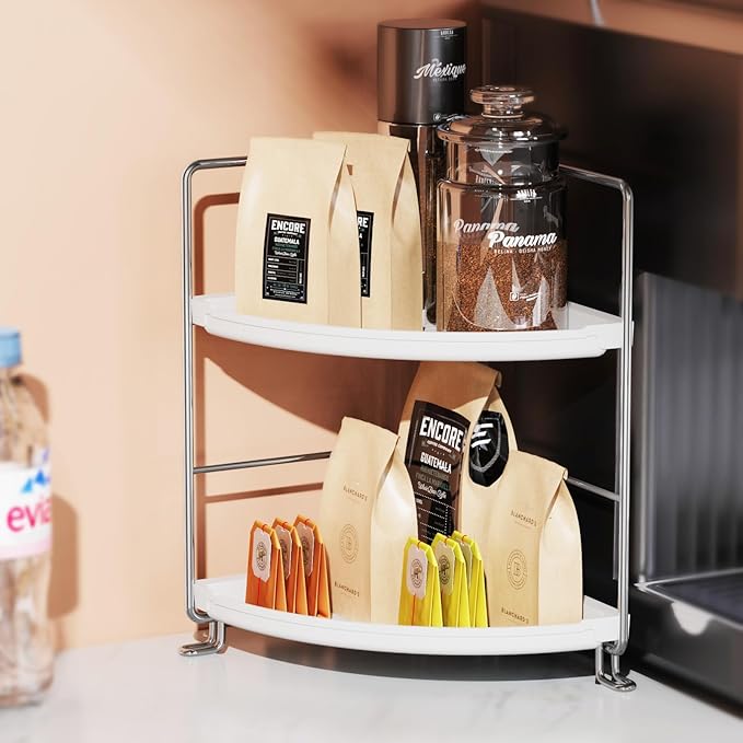 2-Tier Corner Bathroom Countertop Organizer, Tiny Counter Corner Shelf Skincare Makeup Perfume Organizer and Organization for Kitchen (White)