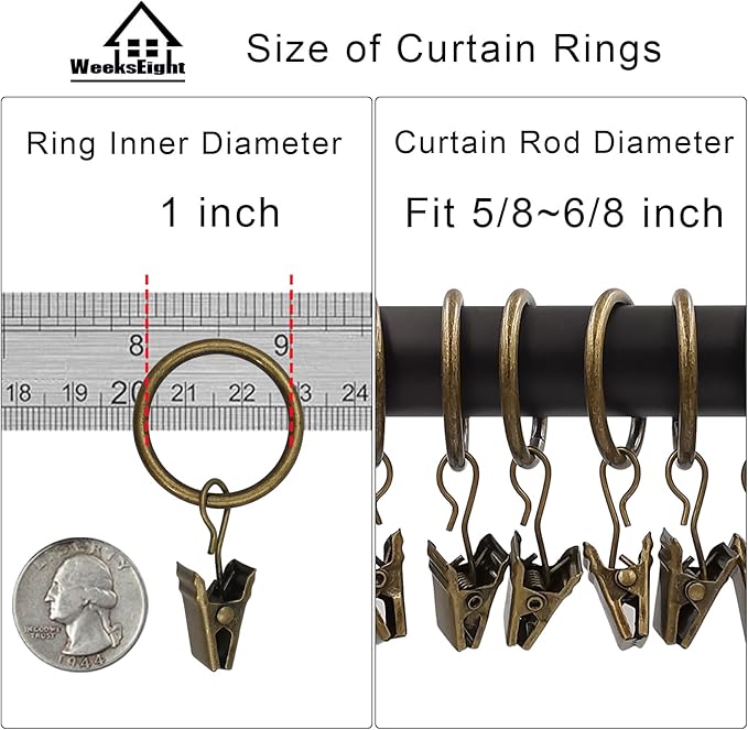 WeeksEight 100 Pack Bronze Curtain Rings with Clips, Curtain Hooks Hangers Clip Rings for Hanging Drapes Bows Hat, Drapery Rings 1 in I D, Fits up to 5/8 in Diameter Curtain Rod.