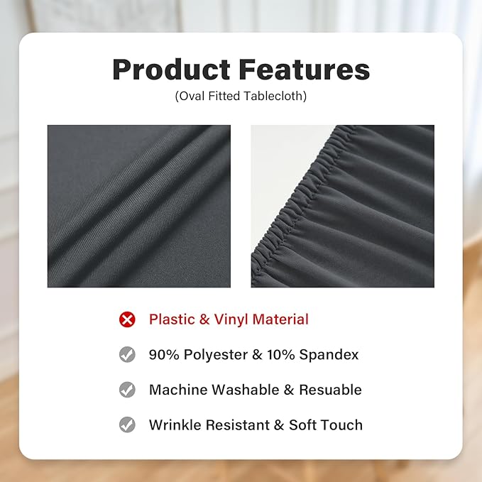 NEWISHER Fitted Oval Tablecloth 48 x 68 Inch Elastic Table Cloth, Stretch Spandex Table Cover Grey Washable Polyester Top Cap Cover for Dining Picnic Camping Indoor and Outdoor
