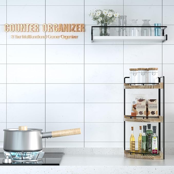 Corner Bathroom Counter Organizer, 3 Tier Bathroom Storage Countertop for Skincare, Sink Shelf for Kitchen Decor, Vanity, Dresser, Makeup, Gift(Rustic Brown)