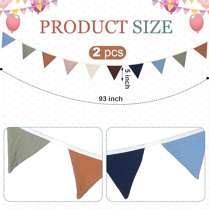 Oudain 2 Pcs Pennant Banner Flags Nursery Garland Triangle Bunting Flags Playroom Wall Decor Banner for Nursery Baby Shower Birthday Boho Wedding Party Event, Each 7.75 ft(Neutral Color)