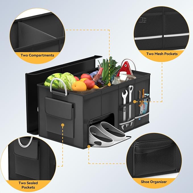 SUV Car Trunk Organizer with Lid 56L, Collapsible Golf Trunk Organizer, Multi-Compartment Car Caddy Organizer, Heavy-Duty Grocery Organizer for Car, Storage Bin Cargo Box for SUV Cargo Van Accessories