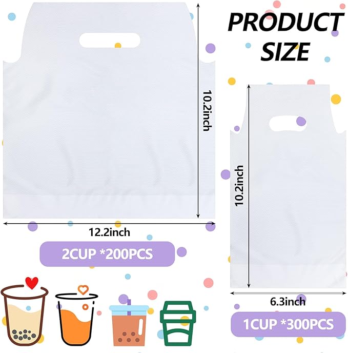 Tinlade 500 Pcs Clear Handle Drinking Poly Bags Bulk 2 and 1 Cup Plastic Portable Cup Carrier Holder Bag Packaging Delivery Hanging Hole, 6.3 x 10.2, 12.2 x 10.2 Inch