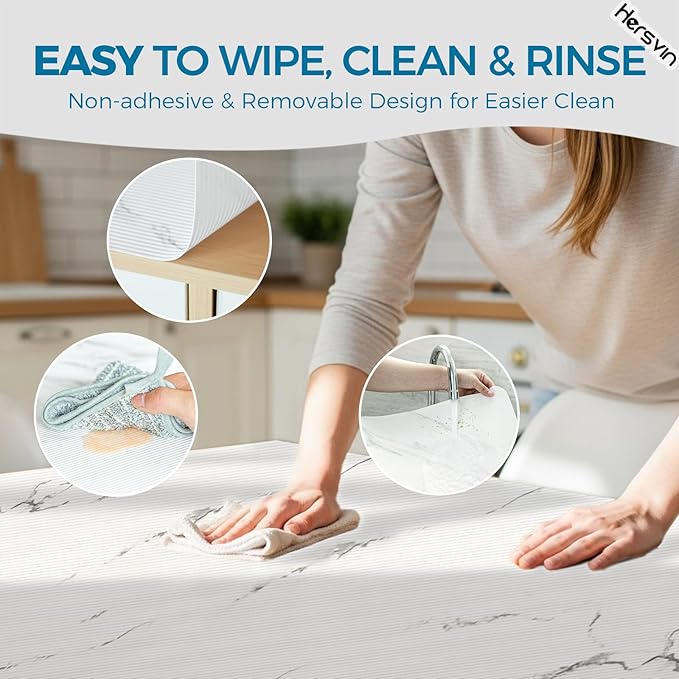 Hersvin Shelf Liners 24 in x 20 ft EVA Drawer Mats, Non-Adhesive Cupboard Protector, Kitchen Cabinet Lining Fridge Liner (White Marble Stripe, 61x610cm)