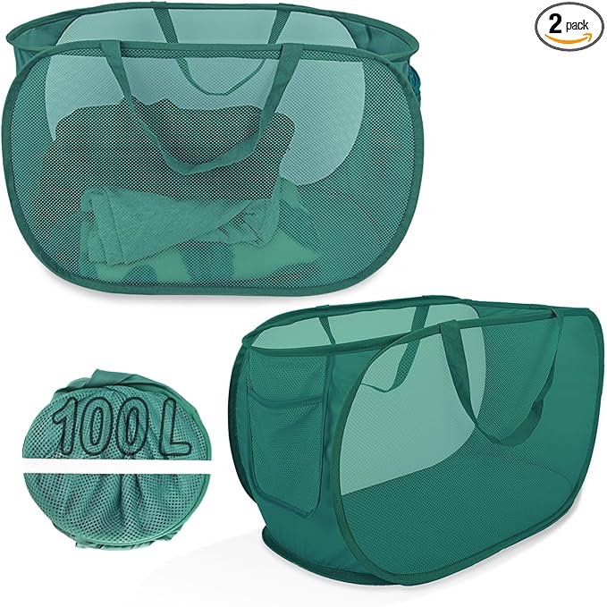 100L Foldable Laundry Baskets 2 Pack, Extra Large Mesh Pop Up Laundry Hamper, Dirty Clothes Hamper with Handles, Pop-up Hampers for Laundry Travel. Dorm or Home Portable Clothes Baskets.Green 2H