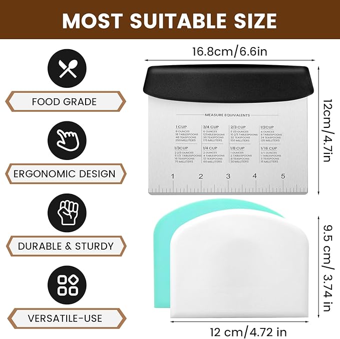 SCHVUBENR Dough Scraper Set with 2 Flexible Bowl Scrapers - Stainless Steel Dough Cutter & Bench Scraper with Measuring Scale - Versatile Kitchen Scraper for Bread, Pastry, Pizza, Cake - Black & Blue