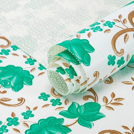 12X120 Inch Shelf Liner for Kitchen Cabinets, PVC Drawer Liner for Dresser Non-Slip Bathroom, Non-Adhesive Cabinet Liner Washable (Green Floral)(3 Roll)