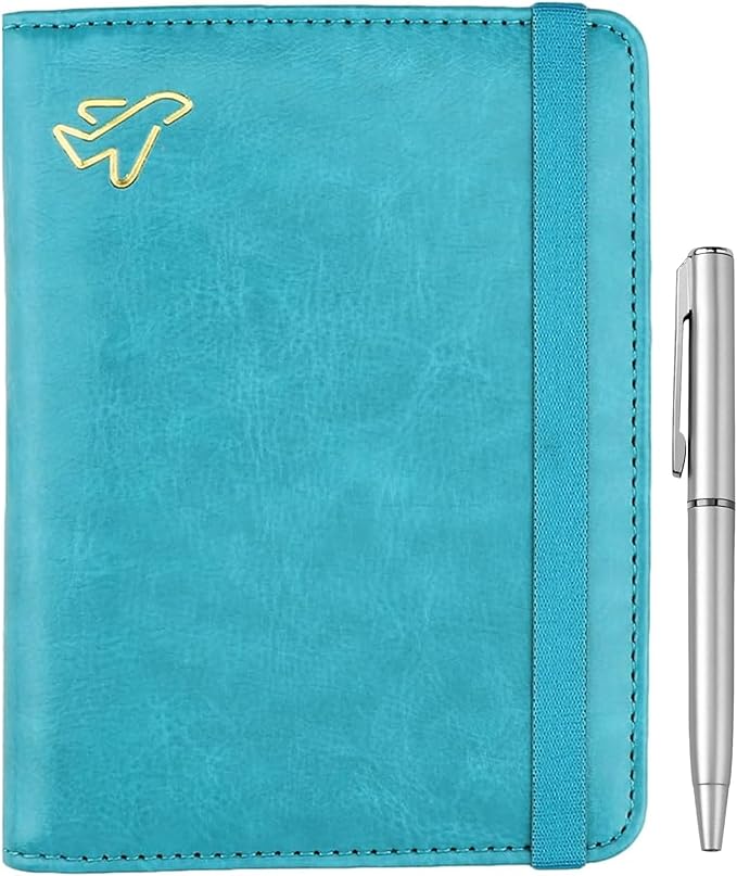 WALNEW Passport Holder for Travel, RFID Passport Cover Wallet for Women Men, PU Leather Passport Book Card Holder Case with Pen (Elastic Band Closure, C-Blue)