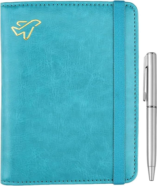 WALNEW Passport Holder for Travel, RFID Passport Cover Wallet for Women Men, PU Leather Passport Book Card Holder Case with Pen (Elastic Band Closure, C-Blue)