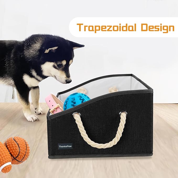 Collapsible Fabric Dog Toy Box and Storage Bin With Handle - Trapezoid Basket Chest Organizer for Pet Toys, Blankets and Accessories, Black