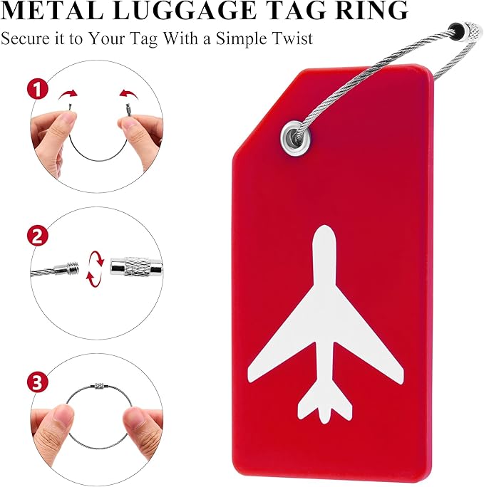 8 Pack Silicone Luggage Tag for Suitcases with Stainless Loop, TSA Approved, Privacy Protection Travel Essentials Bag Tags by Gostwo, Red