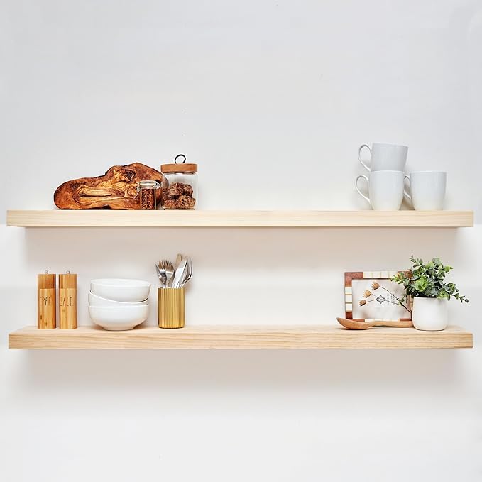 Homeforia 48 inch Natural Floating Shelf, High-End Solid Real Wood 48-inch Small Floating Shelves for Wall Mounted, Natural Wooden Floating Shelves, Heavy Duty Bracket, 48 X 6.5 X 1.75 in, Set of 3