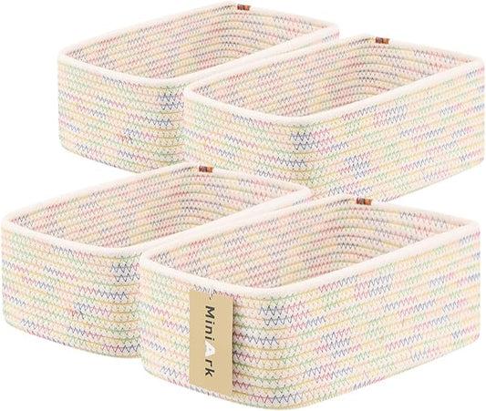 MiniArk Small Storage Baskets for Organizing | Closet Organizer Bins | Shelf Toy Basket | Woven Rope Baskets | Cube Decorative Box | Shallow Basket | 11.5x7.5x4.7” | 4 Packs Rainbow