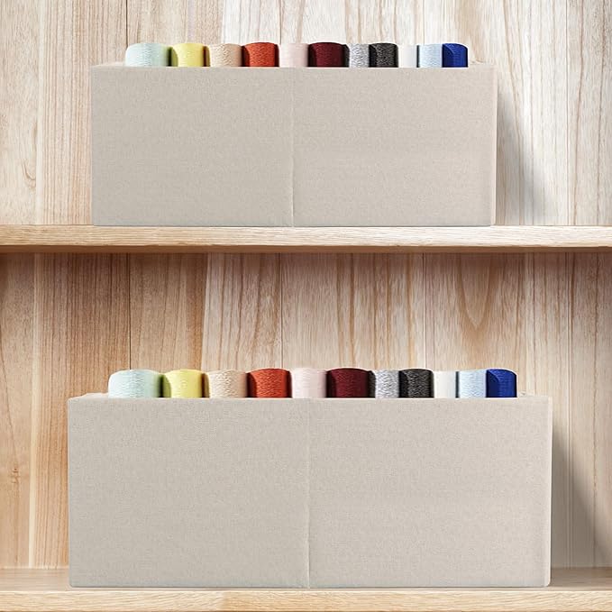 Fabric Storage Bin Box Foldable Cotton Linen Storage Basket with Wooden Handles Rectangular Cube Decorative Home Laundry Organizer Clothes Blanket Container - Beige, Large