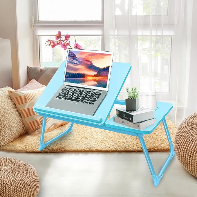 Laptop Desk for Bed Couch, Lap Desk for Laptop, Portable Laptop Stand for Desk, Small Adjustable Laptop Desk, Foldable Bed Table for Laptops and Writing, Bed Tray Table with Cup Holder (Blue)