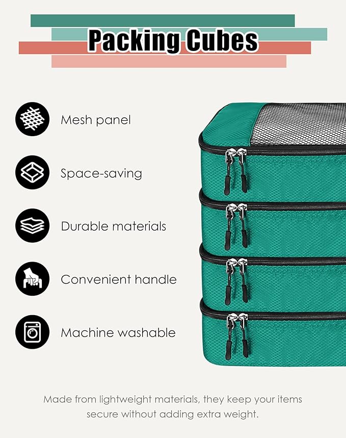 4-Piece Packing Cubes Travel Accessories Set for Suitcases - Luggage Organizer Bags with Double Zipper - Mesh Top - Small - Green