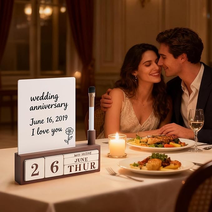 SELEAD Wooden Block Desk Calendar with Dry Erase White Board - Daily Desktop Perpetual Calendar Words Sign Quotes for Home Office Classroom Decor, Teachers Students - Brown