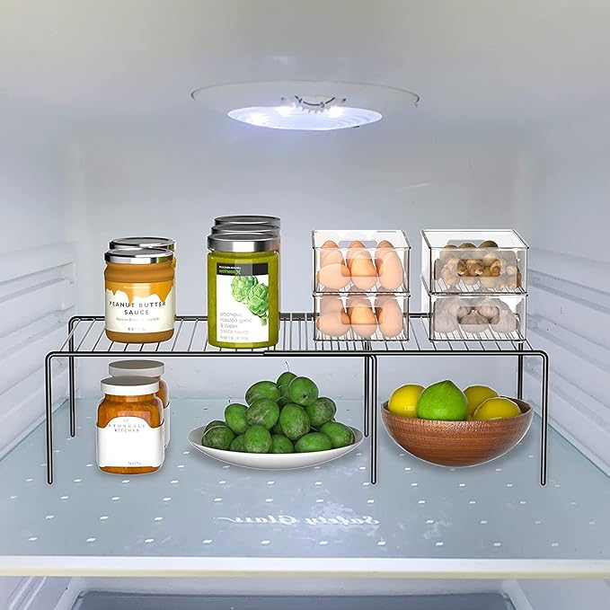 Kitchen Cabinet Expandable Shelf Organizers Set of 4, Adjustable Metal Wire Pantry Storage Shelves, Plate Dish Organizer Rack for Cabinets, Cupboard, Counter, Freezer, Countertop, Black